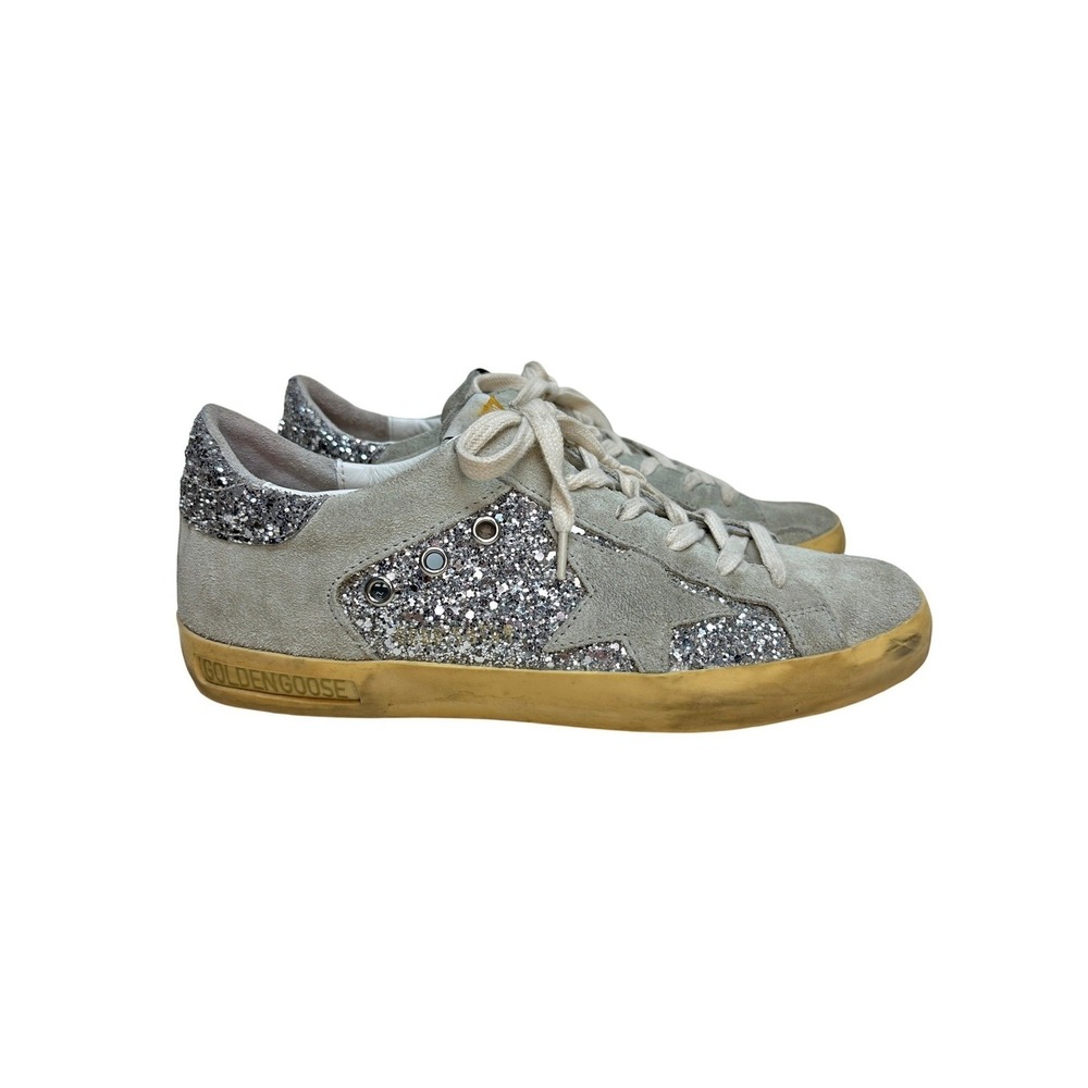 Golden Goose Super-Star Sneakers Suede Silver Glitter Distressed Women's 38 US 8